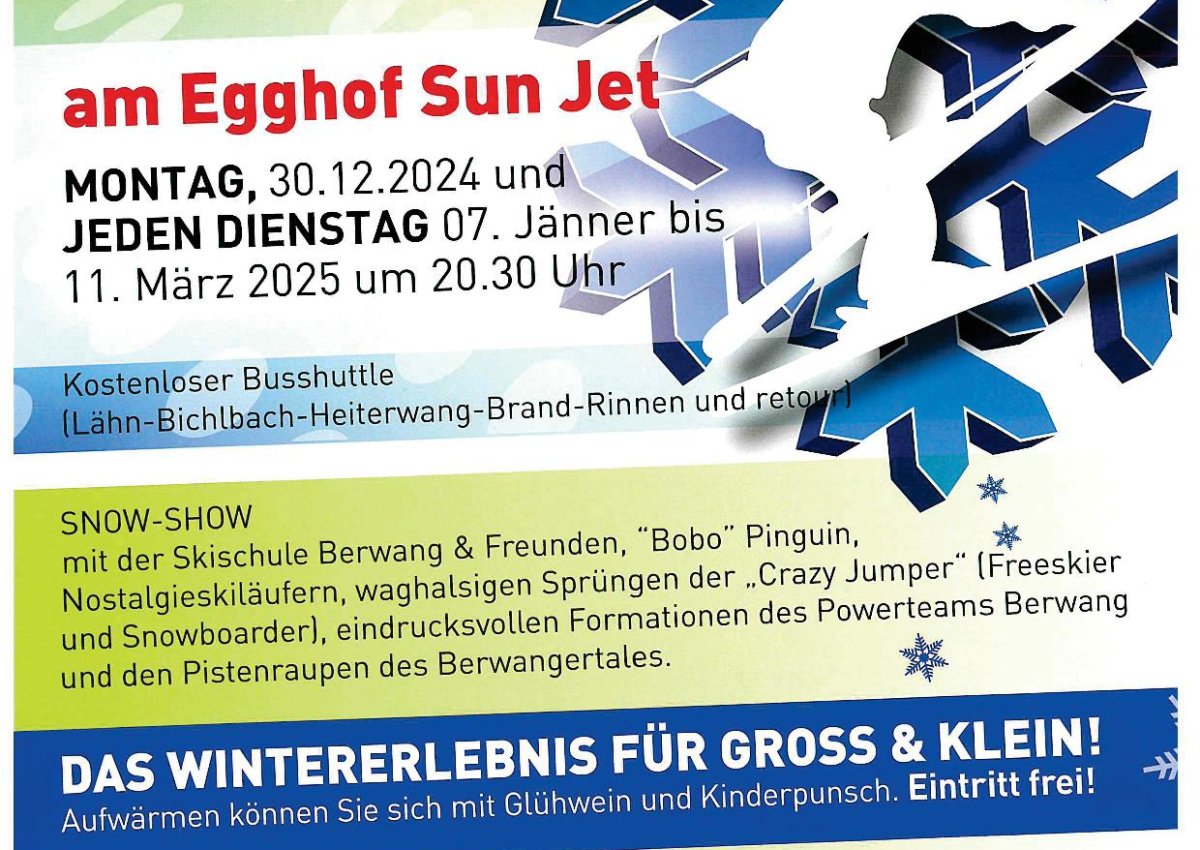 Skishow jeden Dienstag um 20:30 Uhr am Egghof Sun Jet!